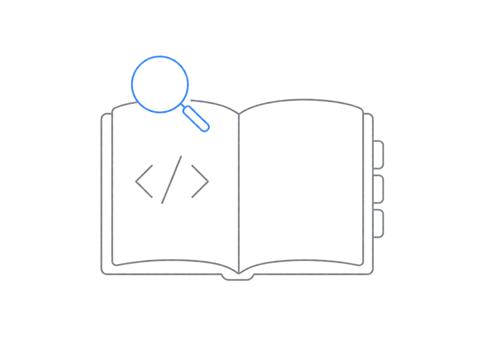 An open documentation book with code brackets, section tabs, and a search magnifier